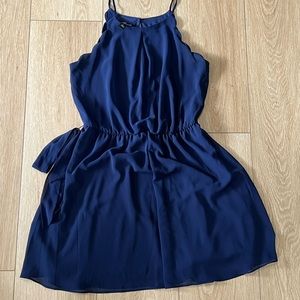 Navy Scalloped shoulder cocktail dress